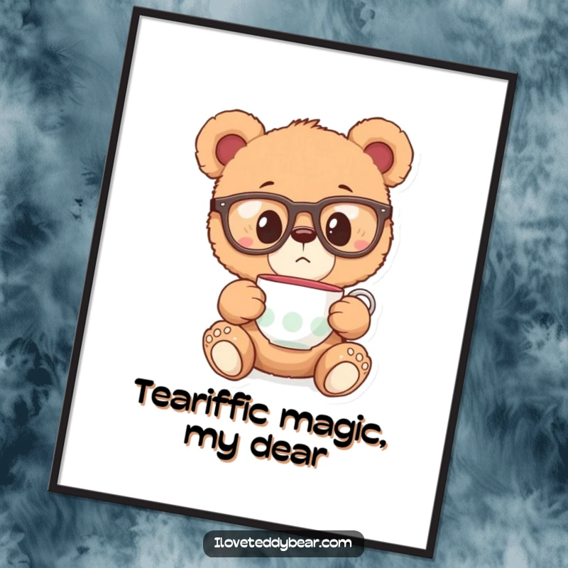 Funny Free Printable Wall Art: Teddy bear in oversized glasses looks surprised at a floating teacup, a whimsical and humorous decorative piece.