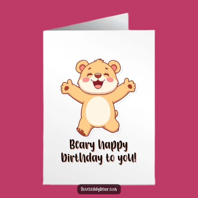 Free Printable Birthday Card: Excited Bear Cub Jumping Downloadable Gift for a Joyful Birthday