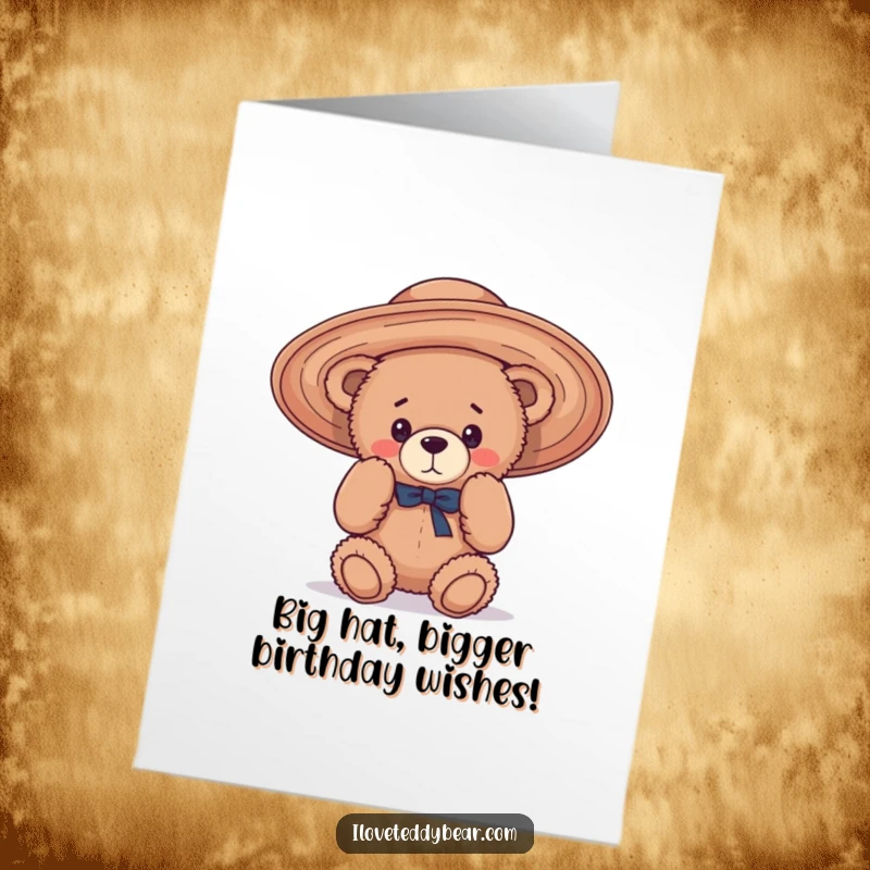 Funny Free Printable Birthday Card: Teddy bear comically tries to fit into a giant, floppy hat, looking utterly bewildered.