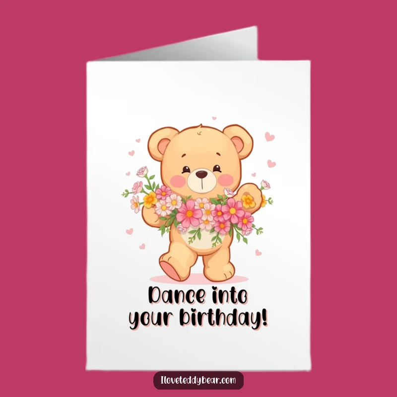 Free Printable Funny Teddy Bear Flower Dance Birthday Card - Joyful Downloadable Gift