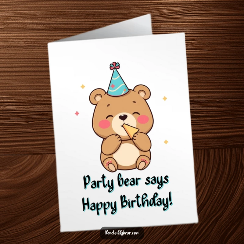 Funny Free Printable Birthday Card: A bear wearing a tiny party hat joyfully blows a noisemaker with closed eyes.