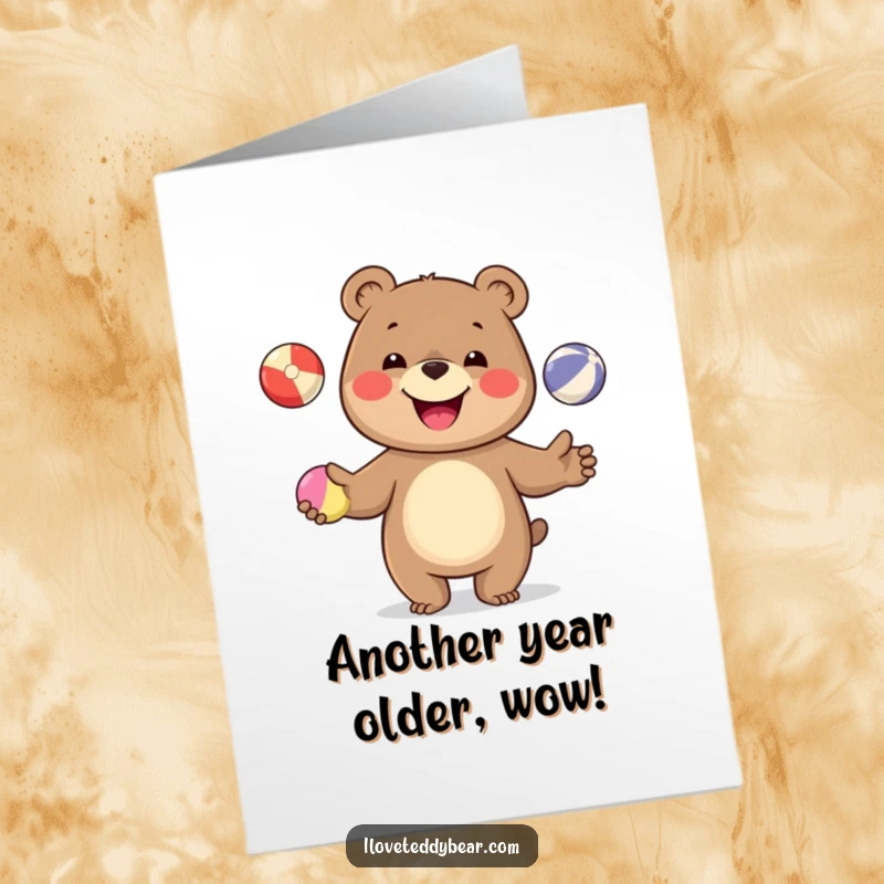 Funny Free Printable Birthday Card: A cheerful bear with a huge smile playfully juggles three colorful balls, spreading joy.