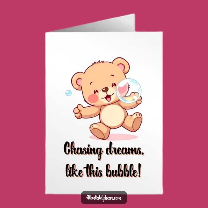 Free Printable Birthday Card: Funny Teddy Bear Chasing Bubble - Downloadable Fun Gift