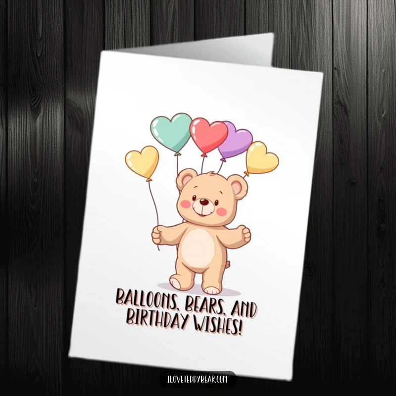 Funny Free Printable Birthday Card: Teddy bear artistically juggles heart balloons, spreading cheer and love for a joyous celebration.