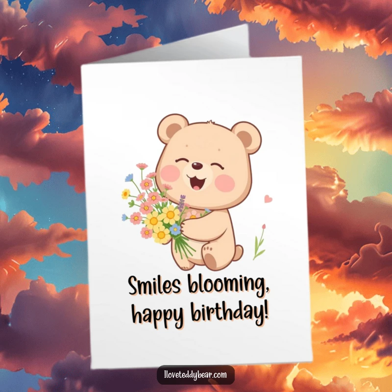 Funny Free Printable Birthday Card: A bear giggles with delight while holding a vibrant bouquet of colorful wildflowers.
