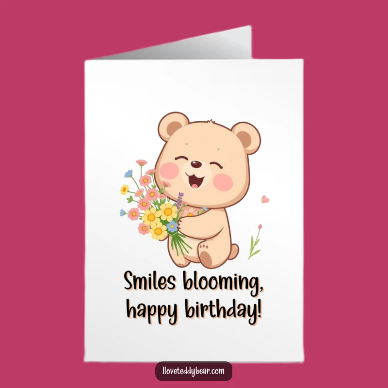 Free Printable Birthday Card: Giggling Bear with Flowers, Sweet Downloadable Gift for Her