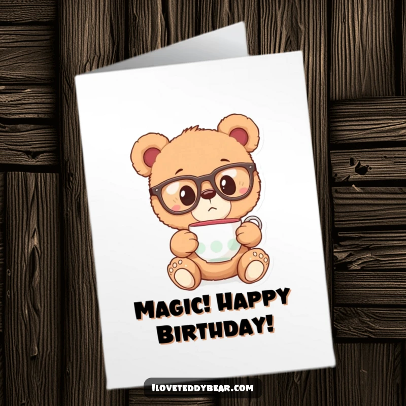 Funny Free Printable Birthday Card: Teddy bear in oversized glasses looks surprised at a floating teacup, a quirky birthday wish.