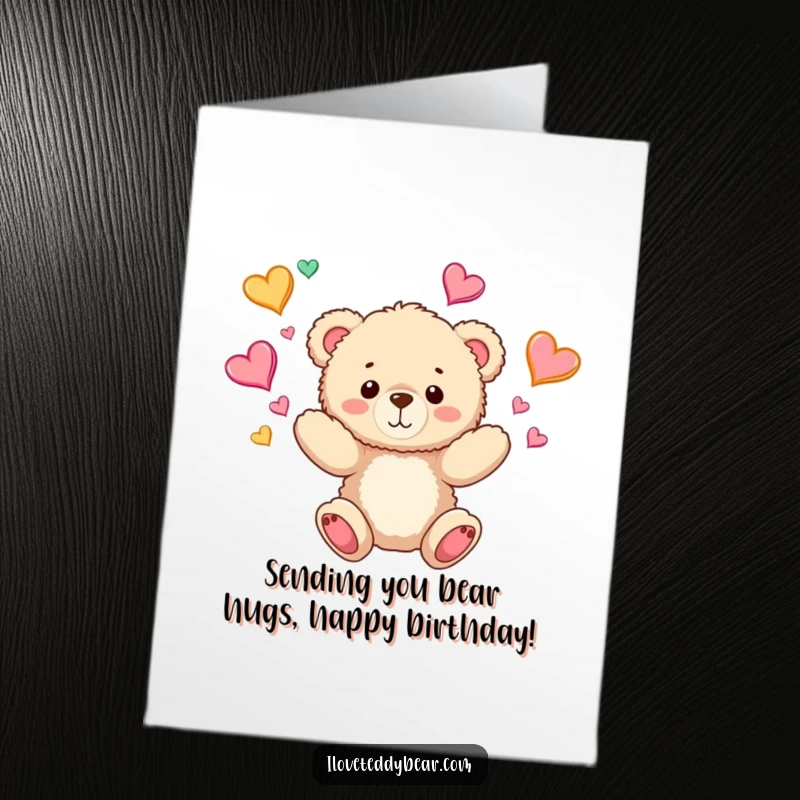 Funny Free Printable Birthday Card: A fluffy teddy bear joyfully juggling bright, colorful hearts, symbolizing love.