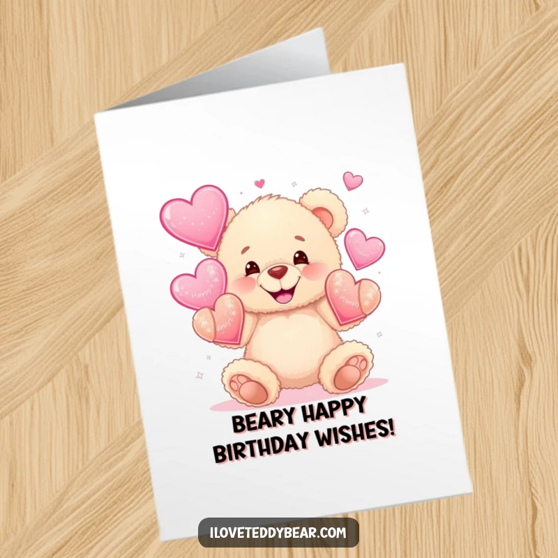 Funny Free Printable Birthday Card: A fluffy teddy bear juggles big sparkly hearts with a wide grin for a birthday.