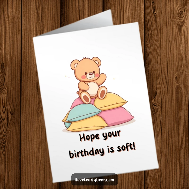 Funny Free Printable Birthday Card: A cute teddy bear playfully tumbles onto a soft pile of pillows, perfect for a DIY gift.
