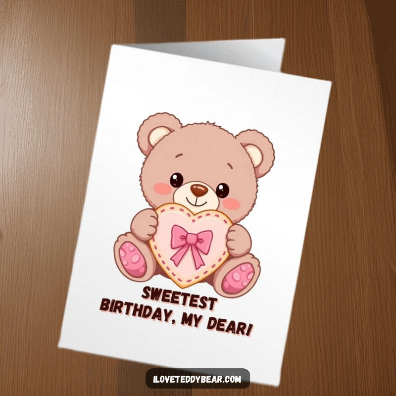 Funny Free Printable Birthday Card featuring a teddy bear proudly presenting a heart-shaped cookie with a bow.