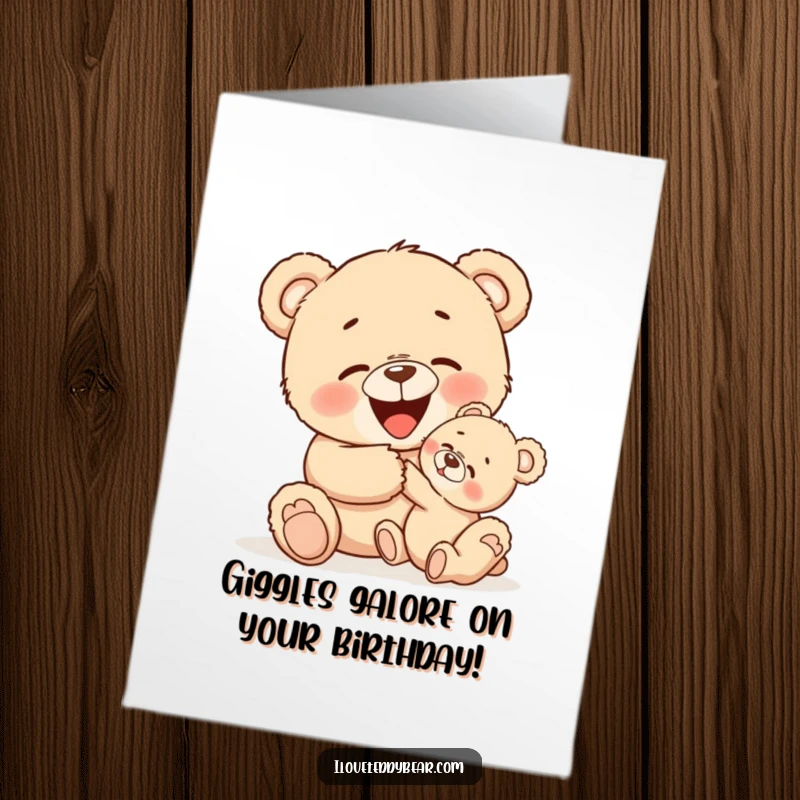 Funny Free Printable Birthday Card: A big teddy bear joyfully tickles a small bear, who giggles, a sweet DIY gift.