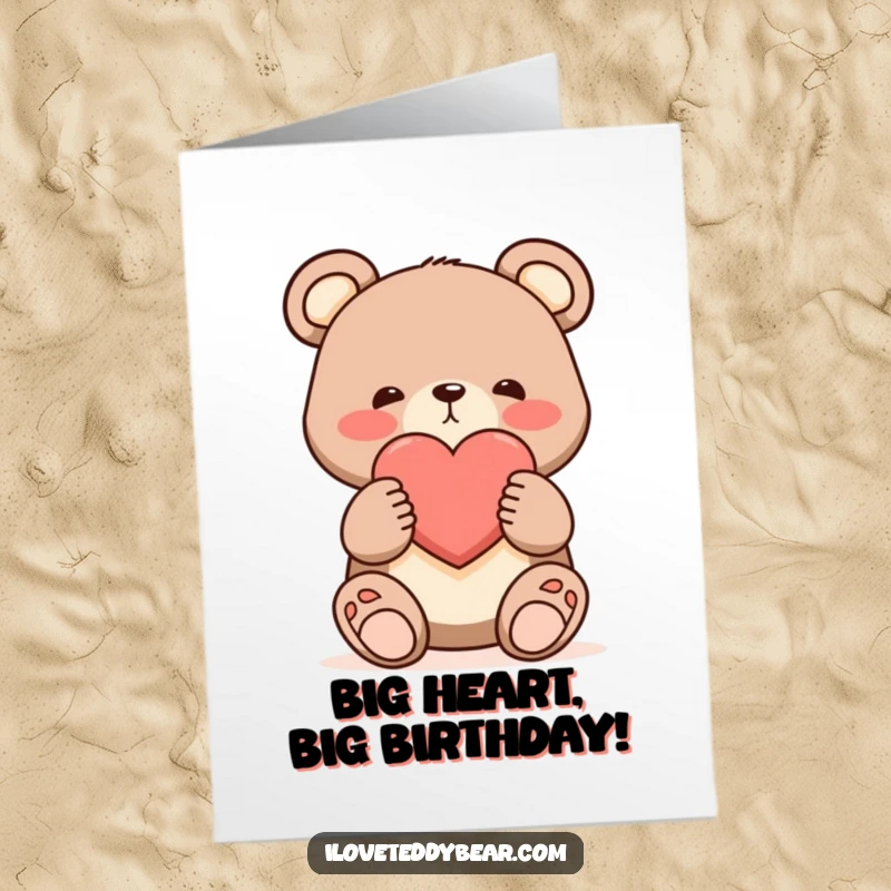 Funny Free Printable Birthday Card: A shy bear blushing deeply while offering one large, red heart, symbolizing heartfelt birthday love.