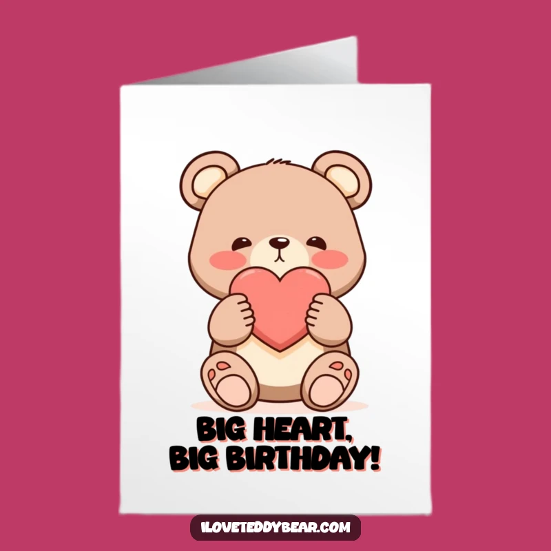 Free Printable Funny Birthday Card: Shy Bear Loves You! Big Heart, Blushing Downloadable Gift.