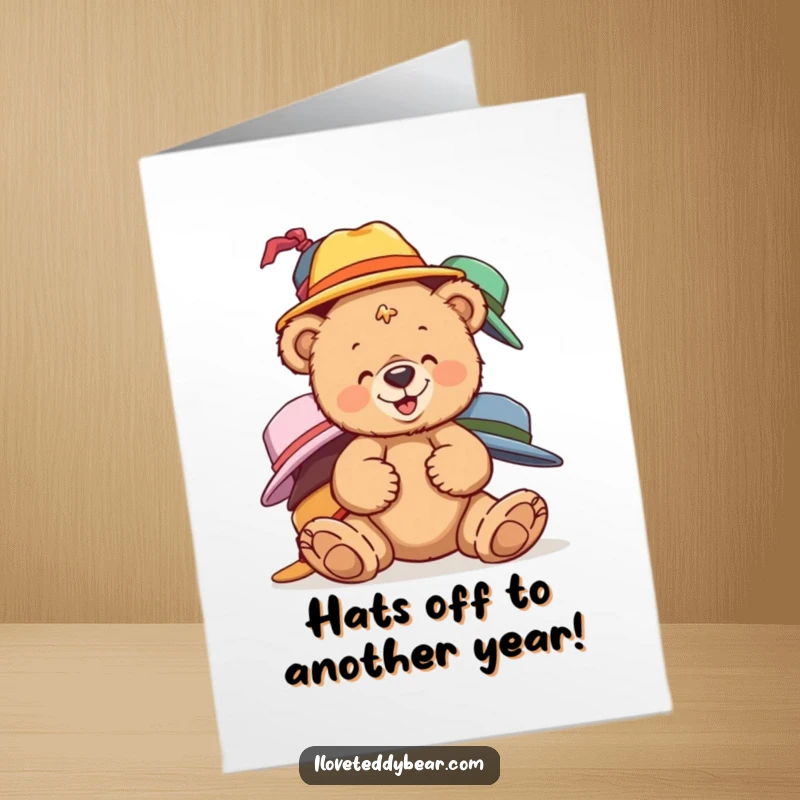 Funny Free Printable Birthday Card: A teddy bear giggles uncontrollably while balancing a precarious tower of colorful, mismatched hats.