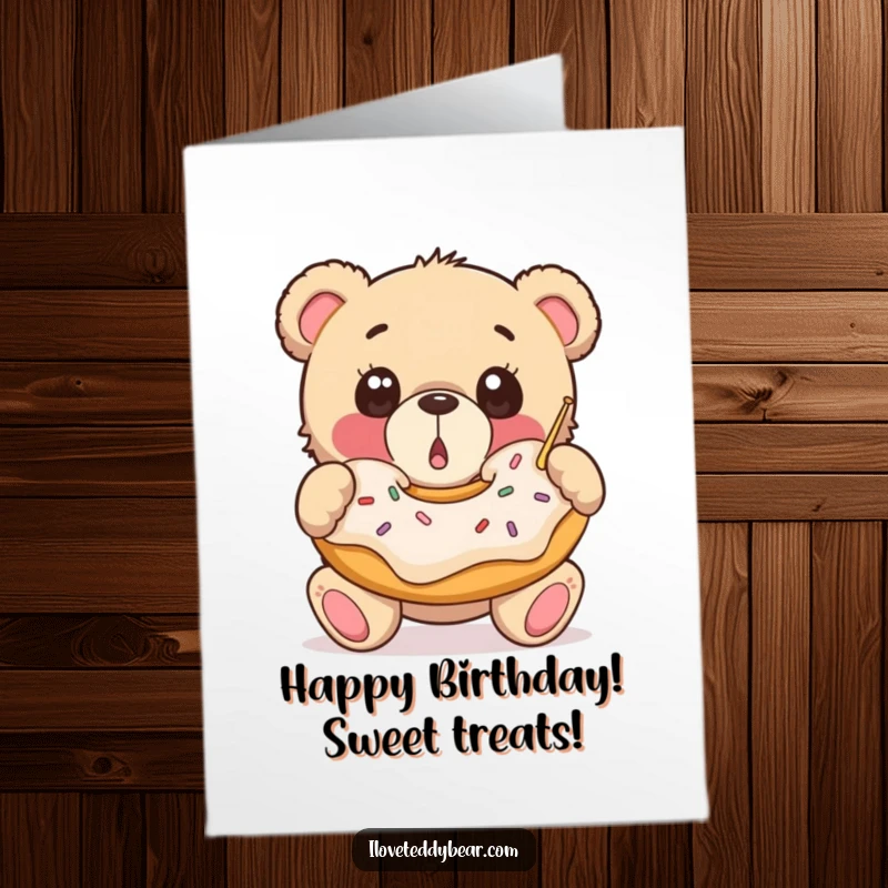 Funny Free Printable Birthday Card: Surprised teddy bear catches a giant falling donut.