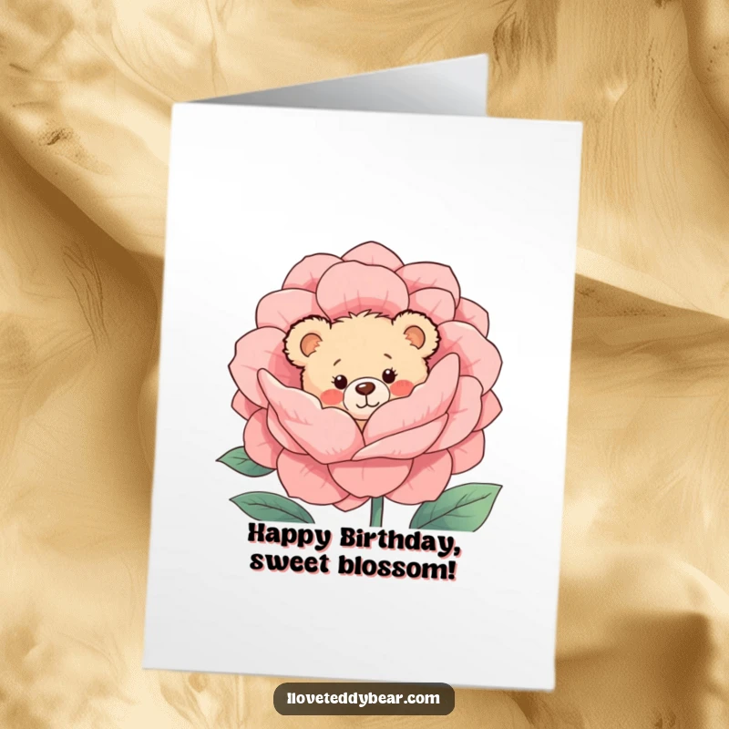 Funny Free Printable Birthday Card: Shy teddy bear peeks from a giant flower with rosy cheeks.