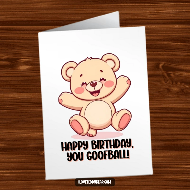 Funny Free Printable Birthday Card: Smiling teddy bear attempting a wobbly cartwheel, full of birthday joy and silliness.