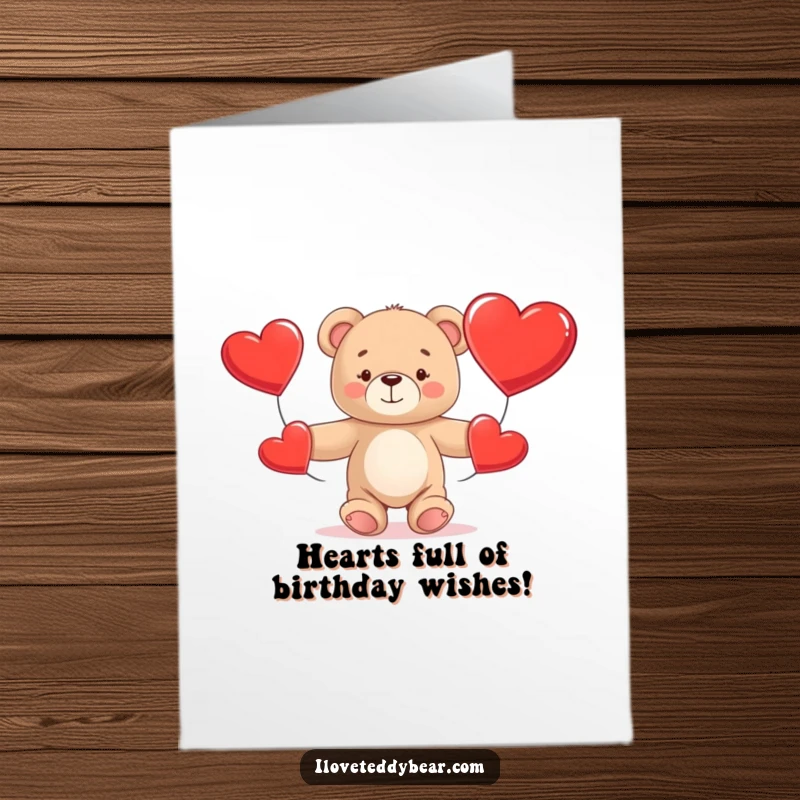Funny Free Printable Birthday Card of a teddy bear hilariously juggling three huge red hearts, spreading joy and laughter.