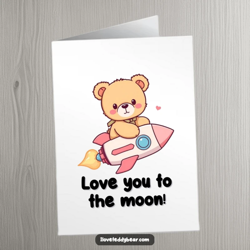 Funny Free Printable Birthday Card: Cute teddy bear joyfully riding a heart-shaped rocket through the stars, a perfect DIY gift.