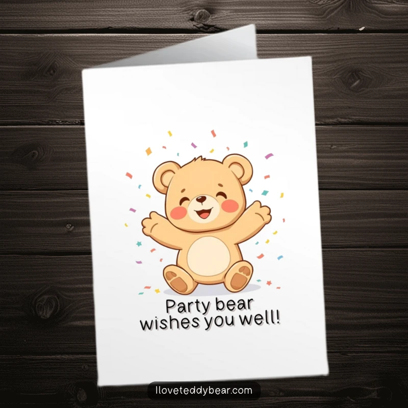 Funny Free Printable Birthday Card: Happy teddy bear joyfully throws colorful confetti, celebrating a spectacular birthday bash.
