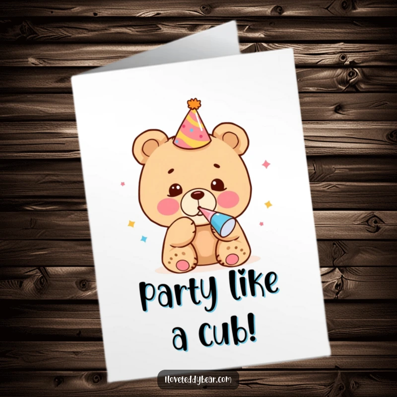 Funny Free Printable Birthday Card: Bear cub in party hat blows noisemaker, a cheerful birthday greeting.