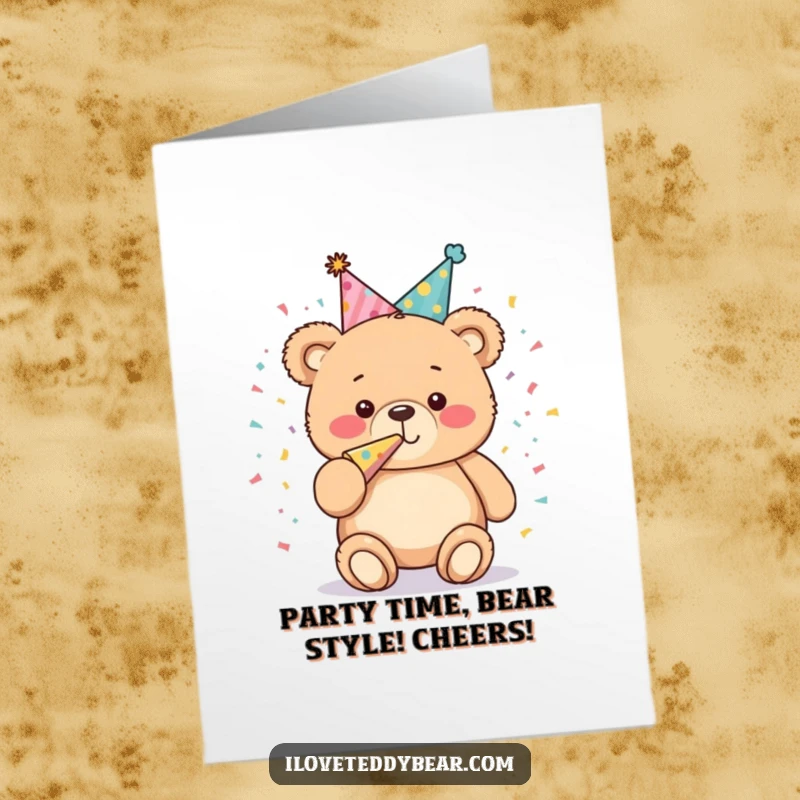 Funny Free Printable Birthday Card: Plump teddy bear in party hat blows confetti horn, celebrating joyfully.
