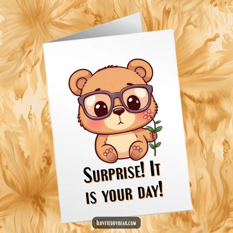 Funny Free Printable Birthday Card: Bear with big glasses looks amazed at a tiny flower.