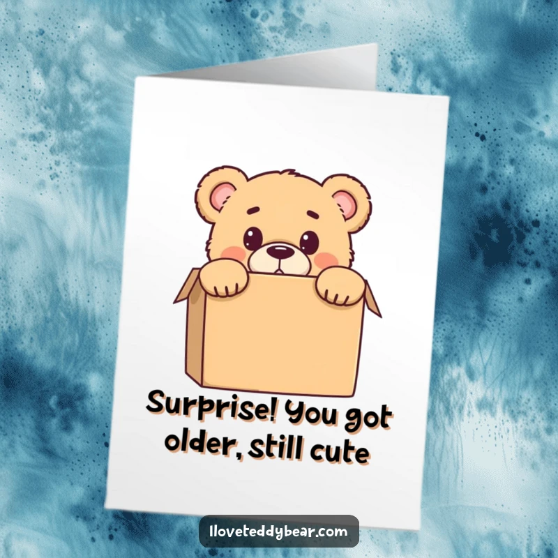 Funny Free Printable Birthday Card: A teddy bear peeking from a box, shocked expression, perfect for a surprise gift.