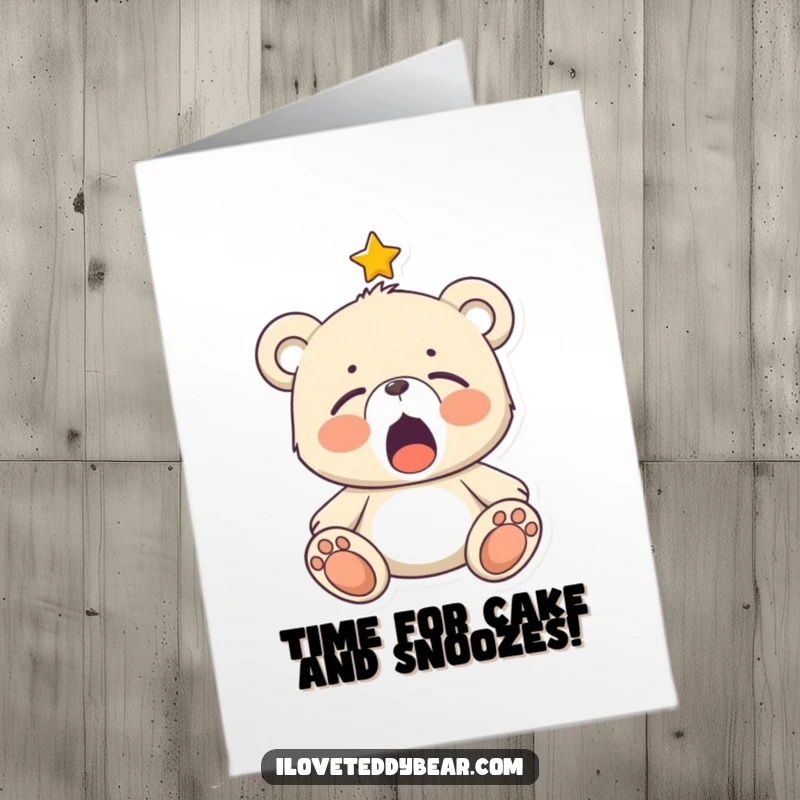 Funny Free Printable Birthday Card showing a sleepy teddy bear mid-yawn with a twinkling star above.