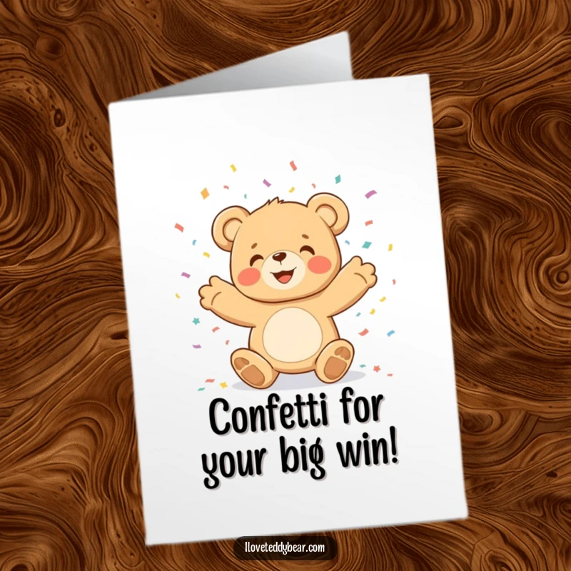 Funny Free Printable Congratulations Card: Joyful teddy bear joyfully throws a burst of confetti, celebrating a fantastic accomplishment.
