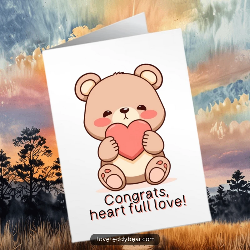 Funny Free Printable Congratulations Card: A shy bear blushing, offering a large heart to celebrate your amazing accomplishment with warmth.