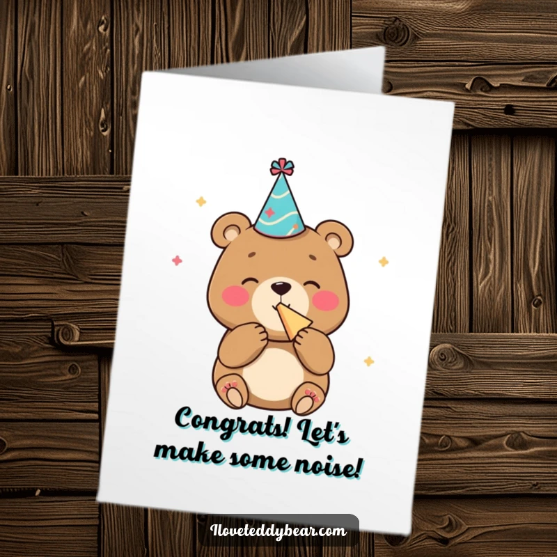 Funny Free Printable Congratulations Card: A bear in a small party hat gleefully blows a noisemaker.
