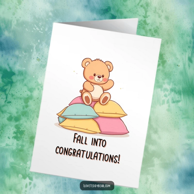 Funny Free Printable Congratulations Card: Teddy bear takes a funny, playful tumble on a mountain of soft pillows, a great downloadable.