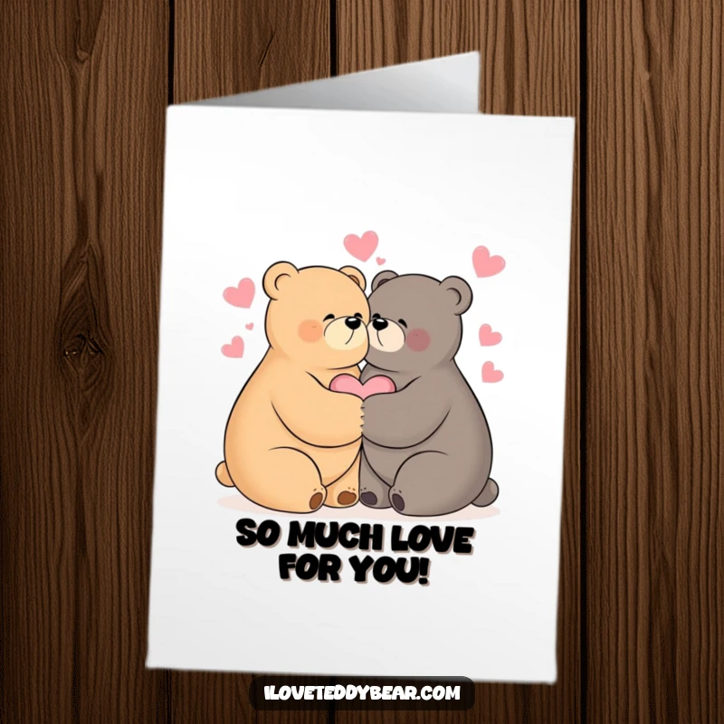 Funny Free Printable Congrats Card: Two bears hugging tightly, surrounded by floating hearts.