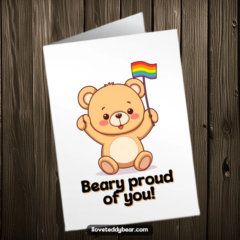 Funny Free Printable Congratulations Card: A teddy bear proudly waving a tiny rainbow flag to celebrate a win.
