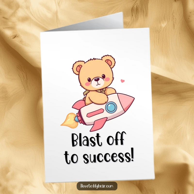 Funny Free Printable Congratulations Card: Teddy bear launches a heart rocket to celebrate success, a unique downloadable gift.