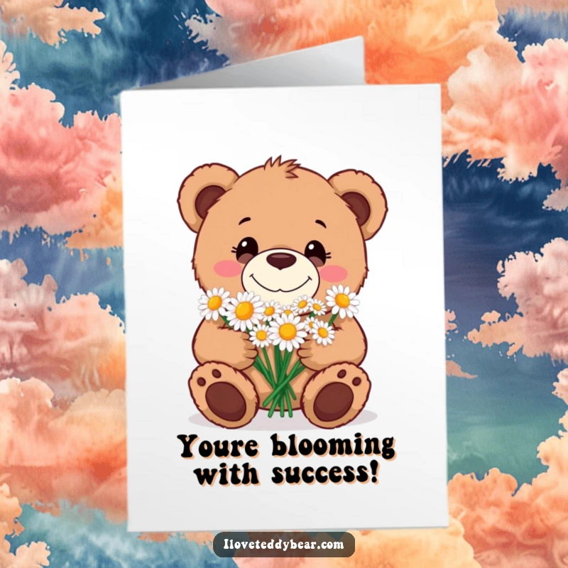 Funny Free Printable Congratulations Card: A teddy bear with a goofy grin happily gives a cheerful bouquet of daisies.