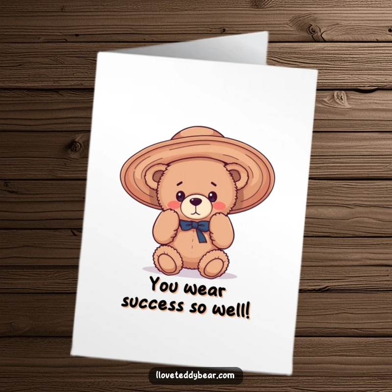 Funny Free Printable Congratulations Card: Teddy bear wearing a ridiculously large floppy hat, peeking out from underneath.