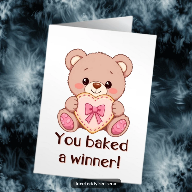 Funny Free Printable Congrats Card showing a teddy bear offering a perfectly baked heart cookie with a bow.