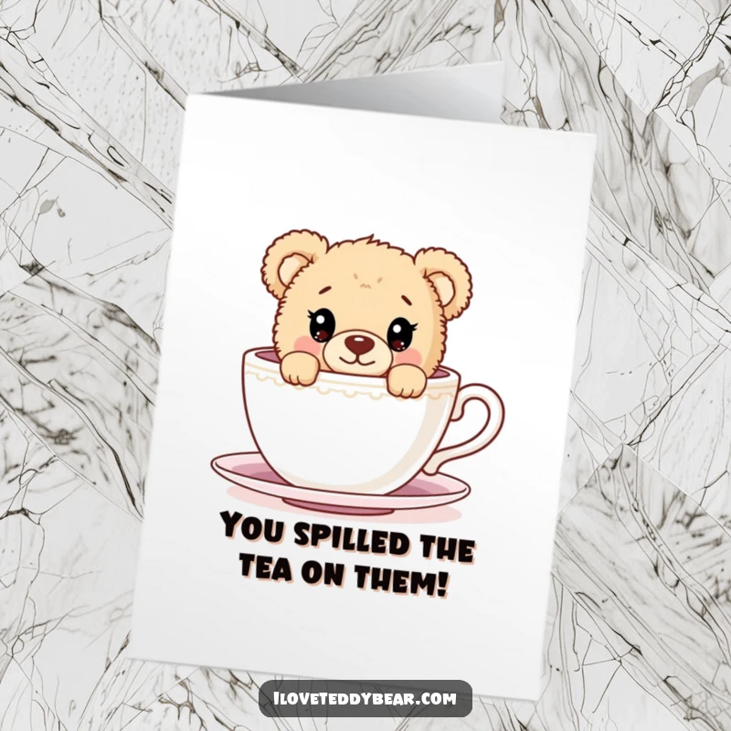 Funny Free Printable Congratulations Card: Teddy bear with astonished eyes peeks from behind a massive teacup, celebrating an achievement.