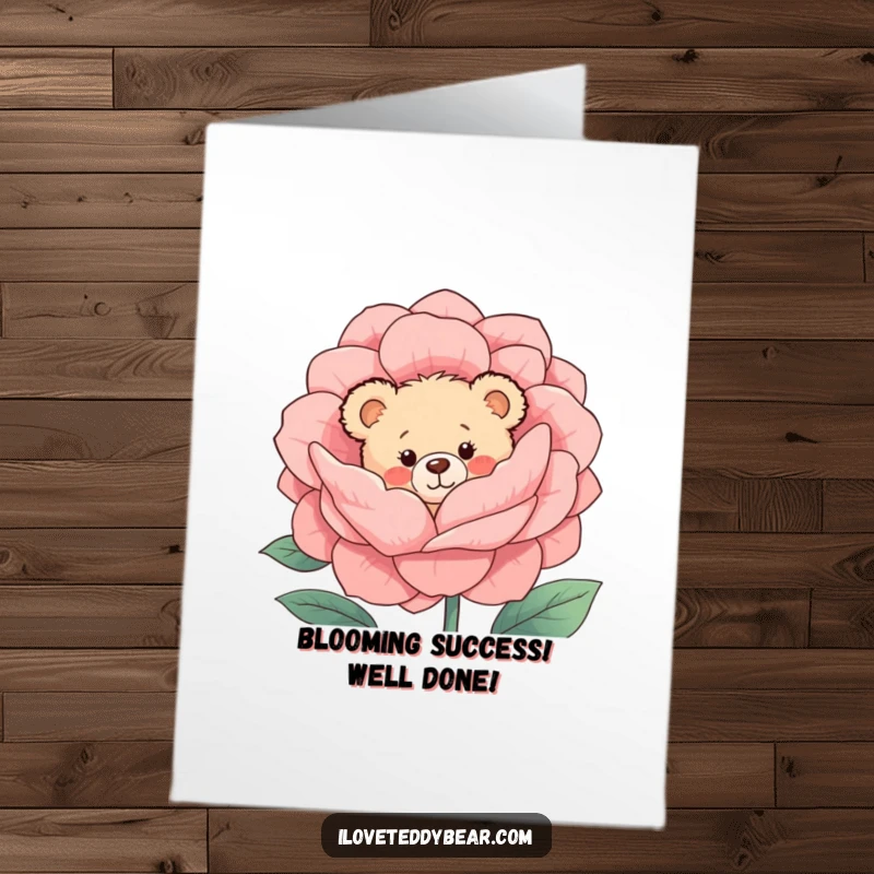 Funny Free Printable Congratulations Card: Shy teddy bear peeks from a flower, blushing with pride.