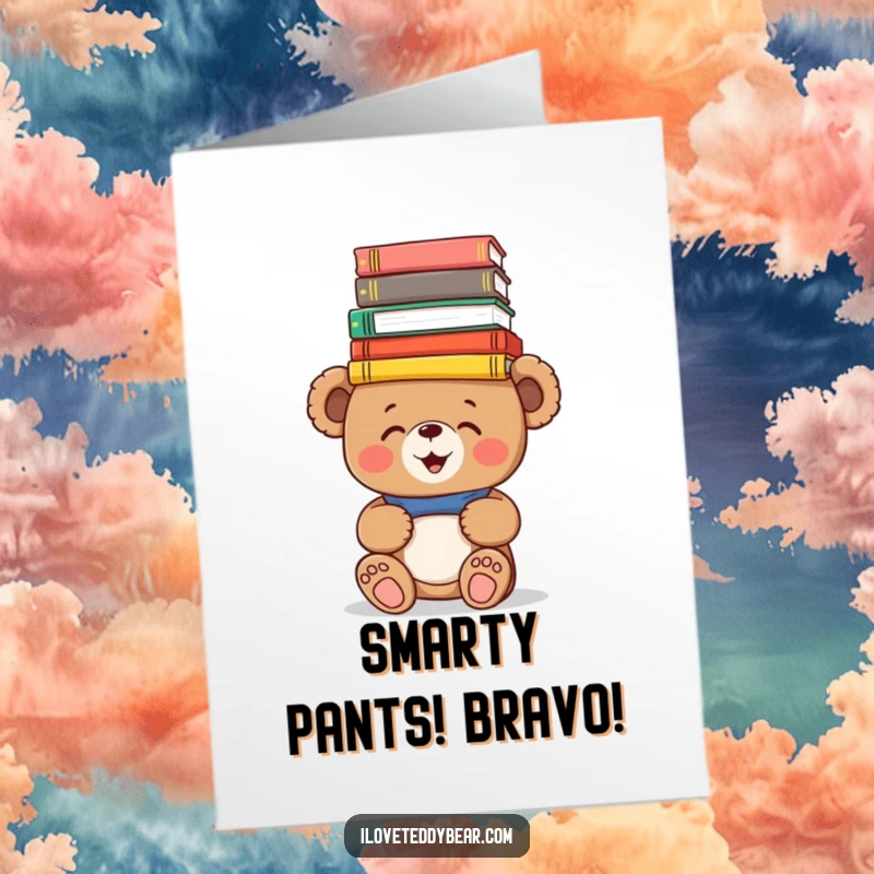 Funny Free Printable Congratulations Card: Giggling teddy bear shows off book-balancing skills.