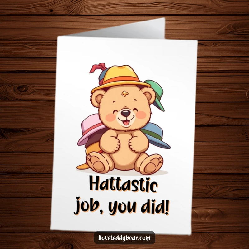 Funny Free Printable Congratulations Card featuring a teddy bear giggling while masterfully balancing a tall, wacky tower of hats.