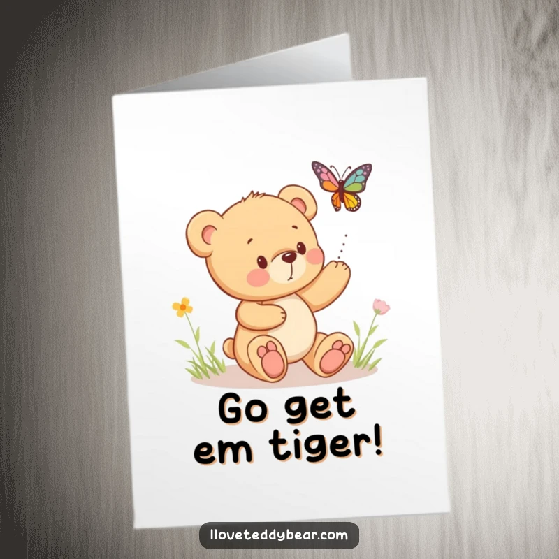 Funny Free Printable Congratulations Card: A cute teddy bear enthusiastically pursues a playful, bouncing butterfly.