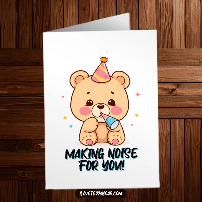 Funny Free Printable Congrats Card: Party bear cub with noisemaker, celebrating success with festive cheer.