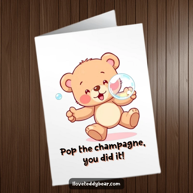 Funny Free Printable Congratulations Card: Teddy bear triumphantly reaches for a bursting sparkly bubble, a symbol of achievement.