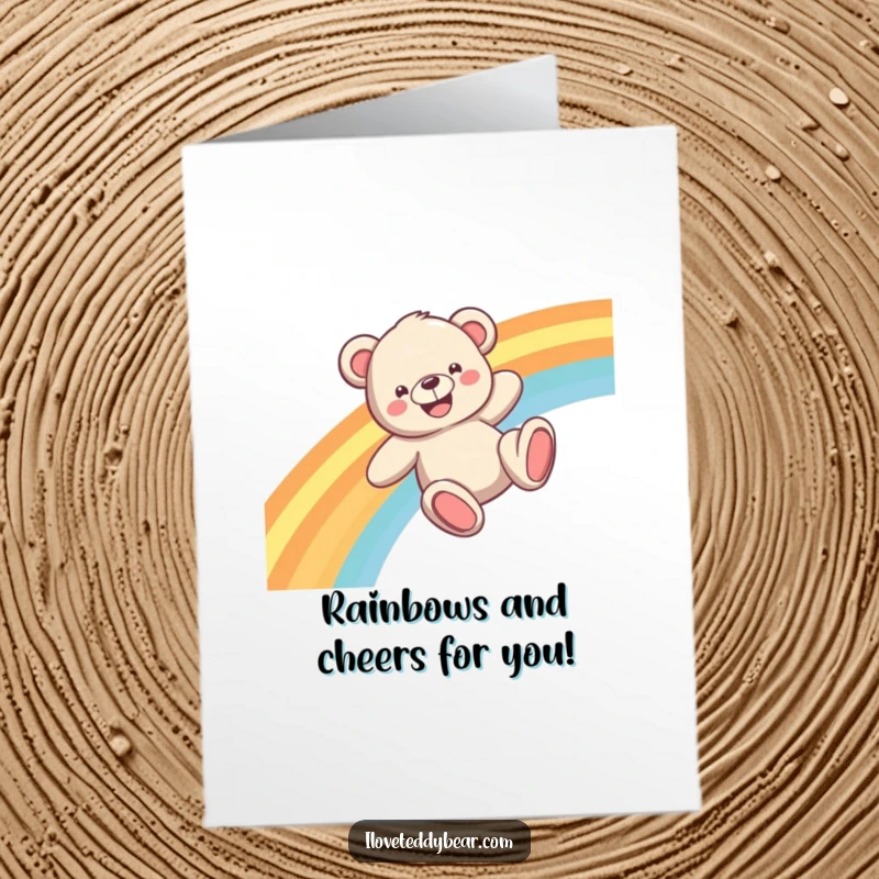 Funny Free Printable Congratulations Card: A teddy bear grins widely while sliding down a bright rainbow, celebrating success.