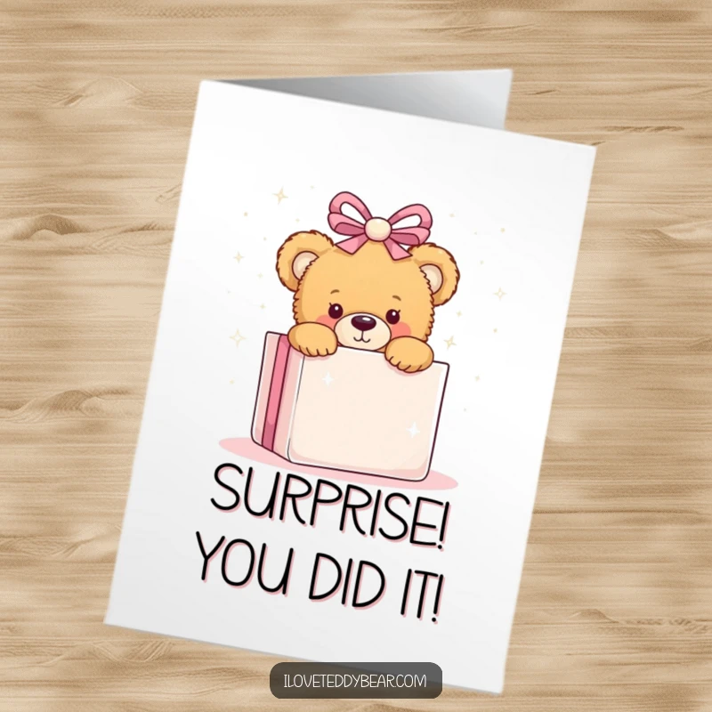 Funny Free Printable Congratulations Card: Teddy bear peeking from behind a giant sparkly present, ready to celebrate your big news with a smile.