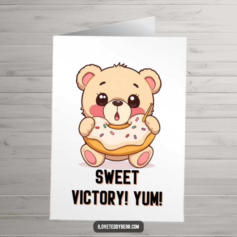 Funny Free Printable Congratulations Card: Surprised teddy bear catches a huge, delicious donut.